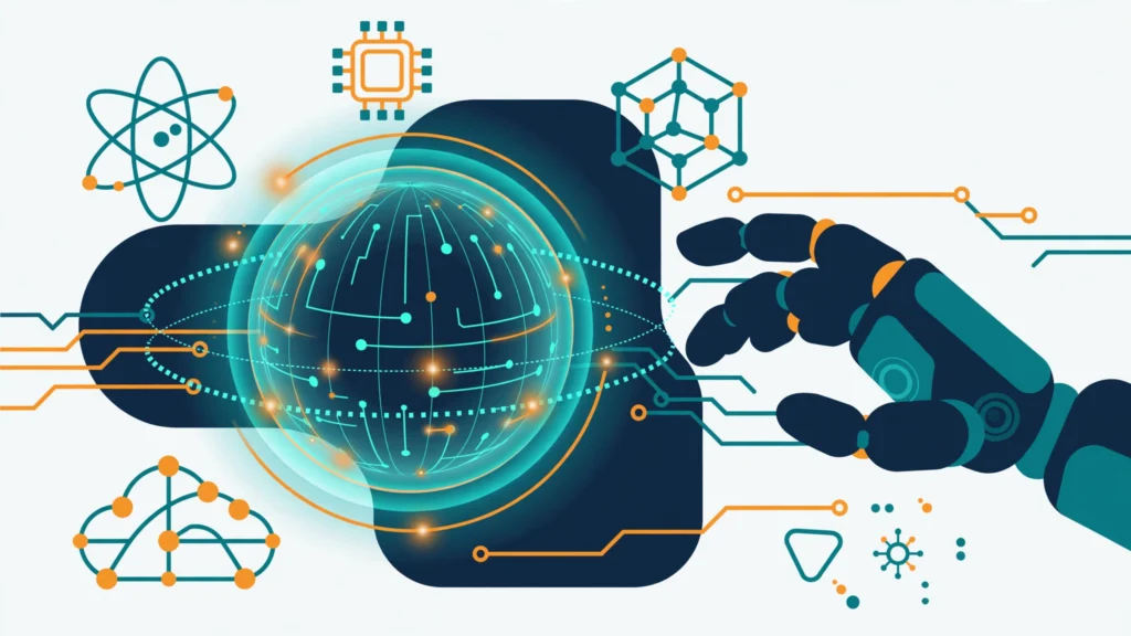 Holographic globe with AI robot hand and quantum circuits illustrating 2026 technology trends